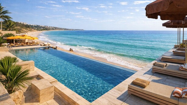A pool with a view of the beach and ocean, lounge chairs, and a yellow umbrella.