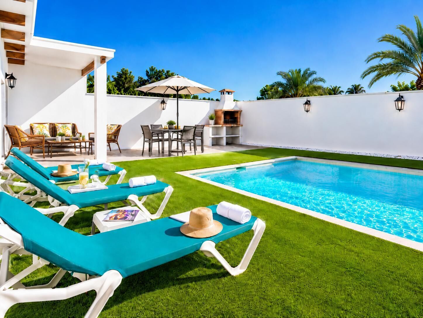 Uma área de piscina com espreguiçadeiras, um conjunto de jantar e uma pequena cozinha ao ar livre.