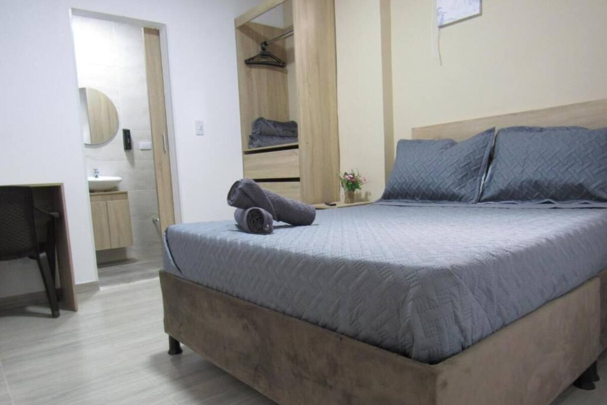 A bedroom with a bed, a desk, and a walk-in closet.