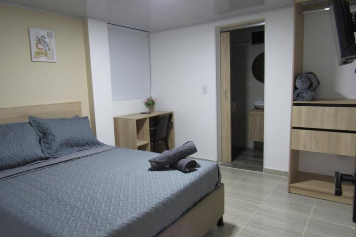 A bedroom with a bed, a desk, a chair, a wardrobe, and a bathroom.