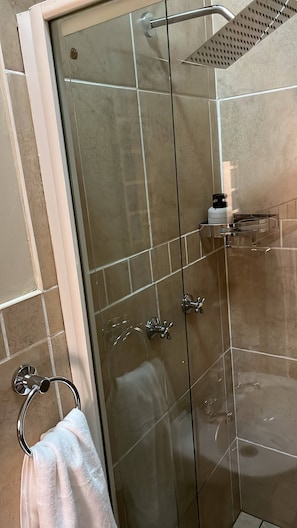 Une douche fermée par des parois en verre, équipée d’un porte-serviettes et d’un distributeur de savon.