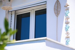 Ein Fenster mit weißen Rahmen und blauen Fensterläden, ein an der Wand befestigtes Blatt als Dekoration und ein sternförmiges Ornament.