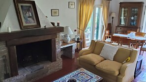 Een woonkamer met een open haard, een bank, een eettafel en een kast.