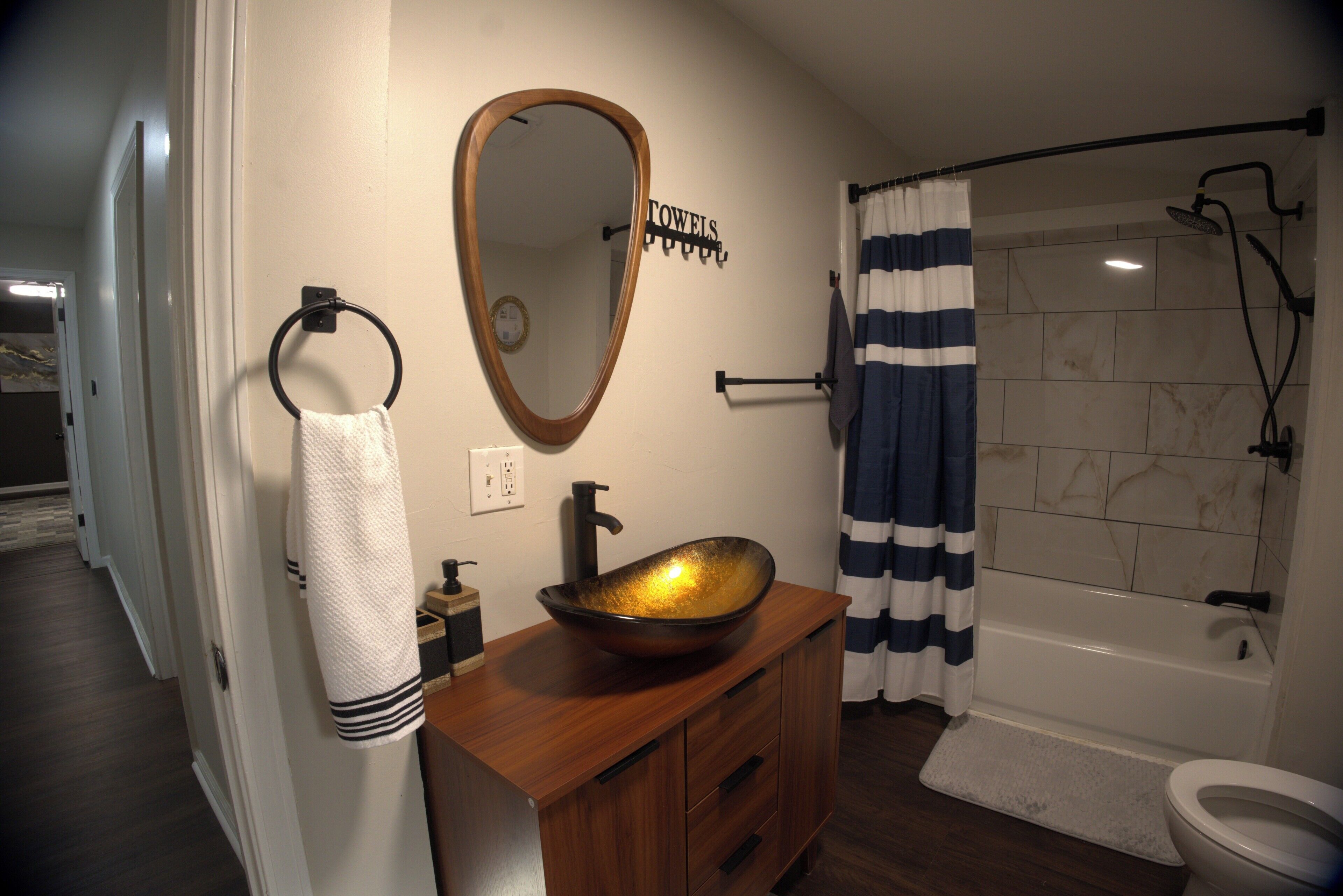 Hair dryer, towels, soap, toilet paper