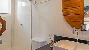 Chuveiro, secador de cabelo, toalhas de banho, sabonete
