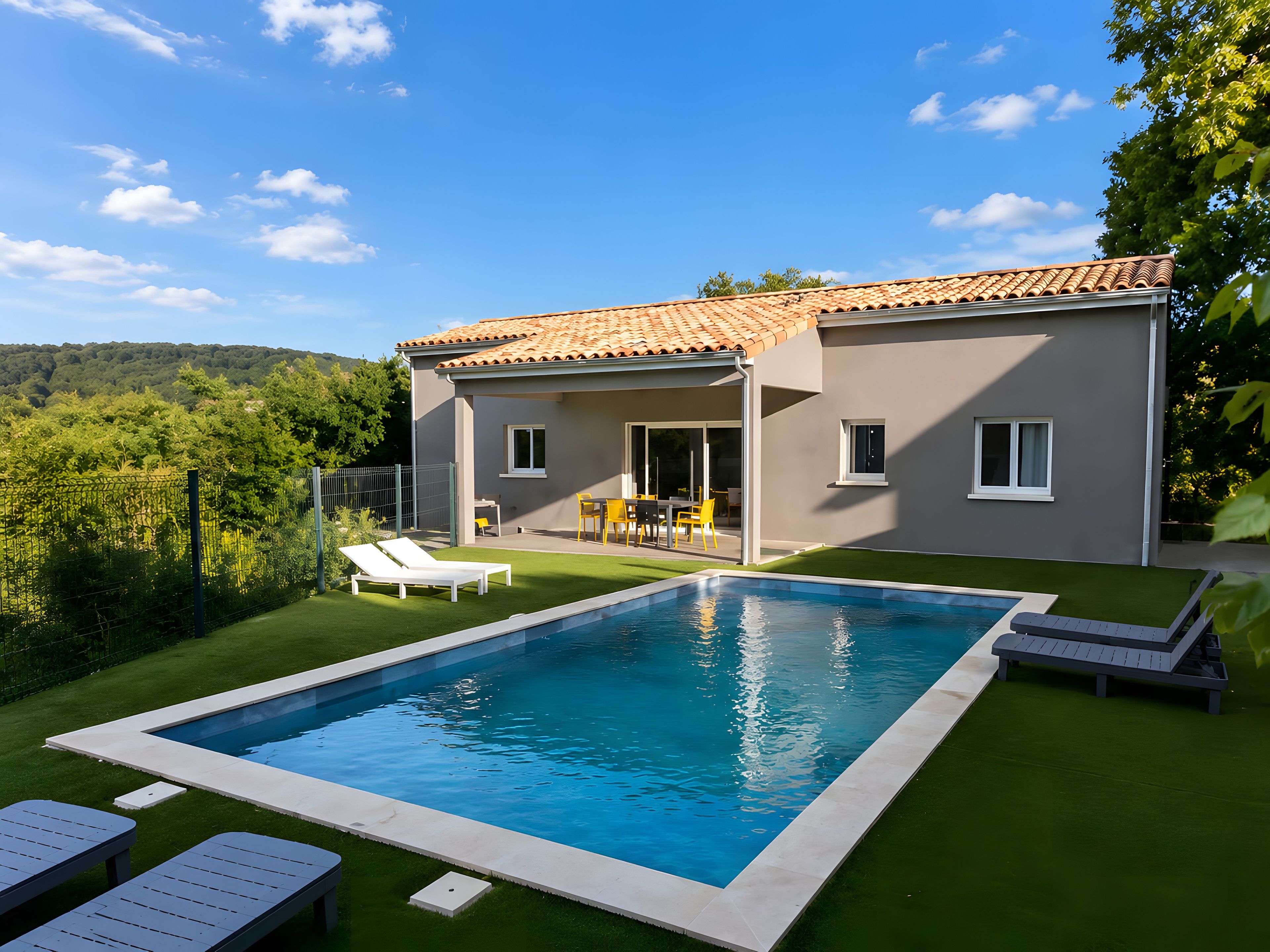 A modern house with a swimming pool, a patio with chairs, and a view of the surrounding greenery.
