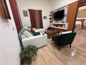 A modern living room with a sofa, armchair, coffee table, TV, and a small plant.