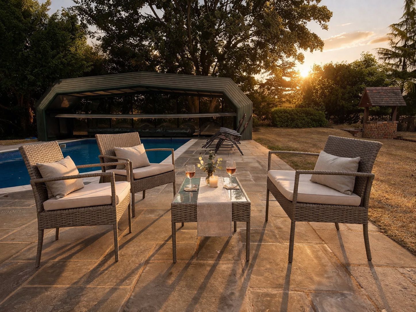 An outdoor patio with wicker furniture, a glass table, and a pool.