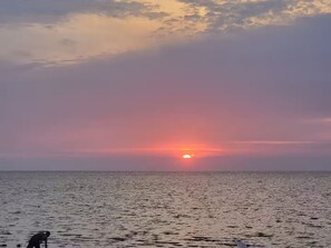 A sunset over a calm sea with a silhouette of a person in the foreground. - Charming bedroom with kitchen (Spring Hill)