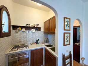 A kitchen with a gas stove, oven, and sink, wooden cabinets, a tiled backsplash, and framed fish pictures on the wall.
