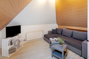 A modern living room with a flat-screen TV, a grey sofa, a small table with a plant, and a white radiator.