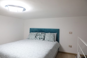 Un dormitorio con cama, cabecera, luz de techo y toma de corriente.