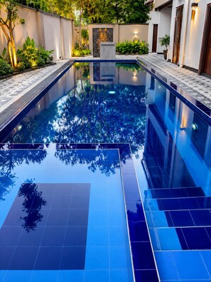 Una piscina rectangular con agua cristalina, rodeada por una solana con baldosas y un muro bajo con plantas.