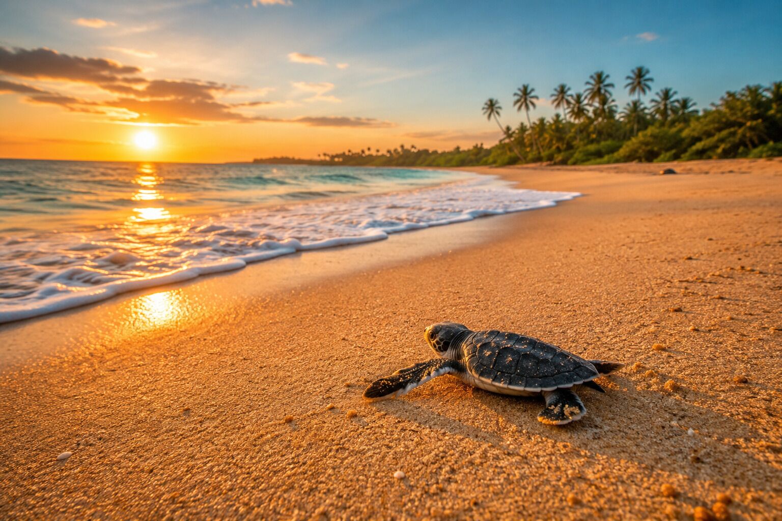 A turtle on a sandy beach with the ocean and palm trees in the background.