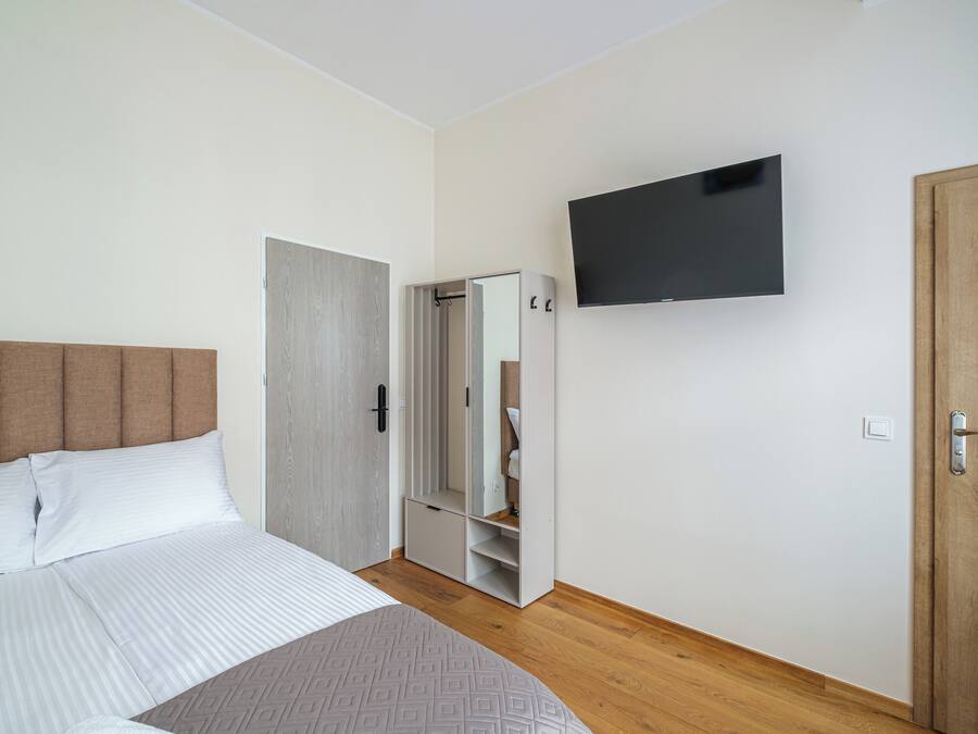 A bedroom with a bed, a wardrobe, a mirror, and a television.