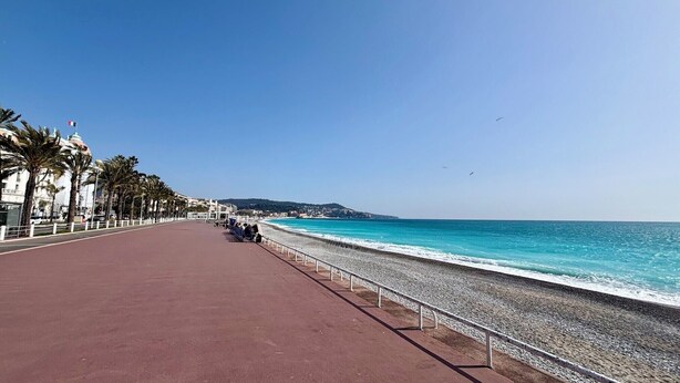 Un paseo marítimo con un camino rojo, palmeras y un cielo azul despejado.