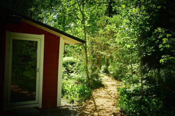 A red building with a door and window, surrounded by dense green foliage and a forested path.