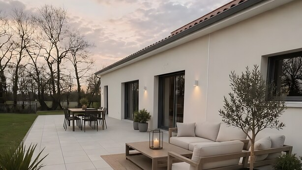 Un patio moderno con un divano, un tavolo e piante in vaso.