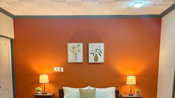 Una habitación de hotel con cama, dos mesitas de noche con lámparas, un muro decorativo y suelo de madera.