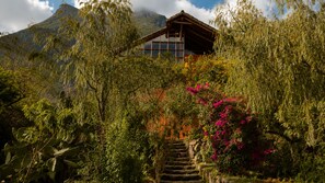 Une cabane en bois dotée d’une façade en verre, entourée d’une végétation luxuriante et avec une chaîne de montagnes en toile de fond.