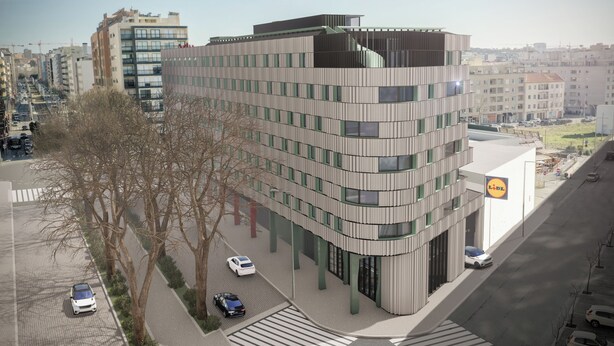 A modern multi-story building with a flat roof, large windows, and a visible storefront with a recognizable logo. - Moov Hotel Matosinhos Sul (Matosinhos)