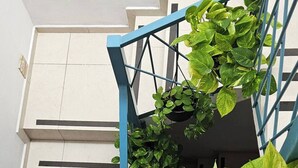 Eine Treppe mit blauer Handlauf und einer Pflanze in einem Topf auf der rechten Seite.
