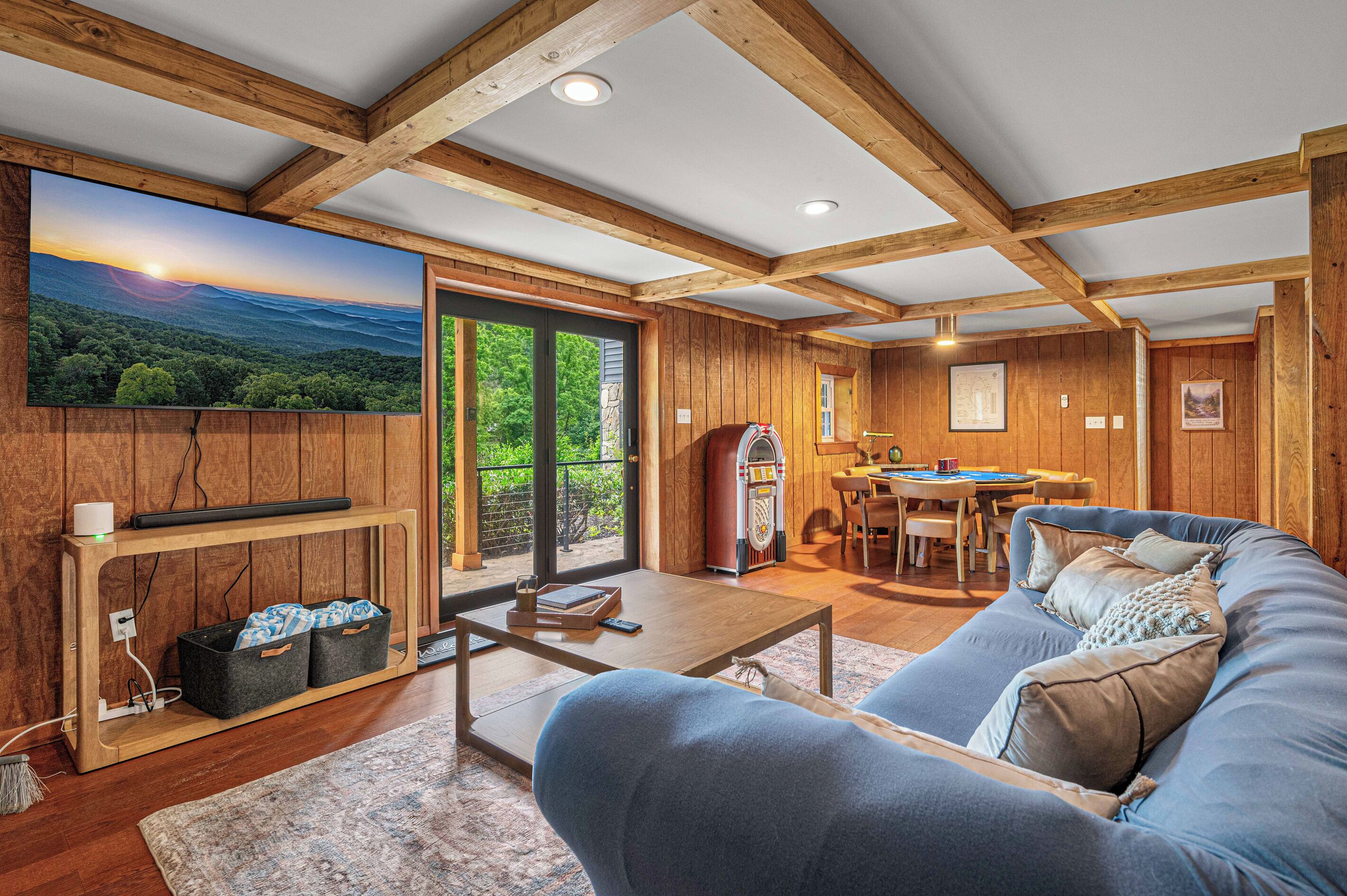 Smart TV, fireplace, books