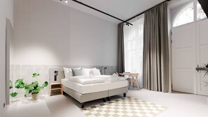 Un dormitorio moderno con una cama grande, una mesita de noche, una silla, una planta en maceta y vistas al exterior a través de una ventana.