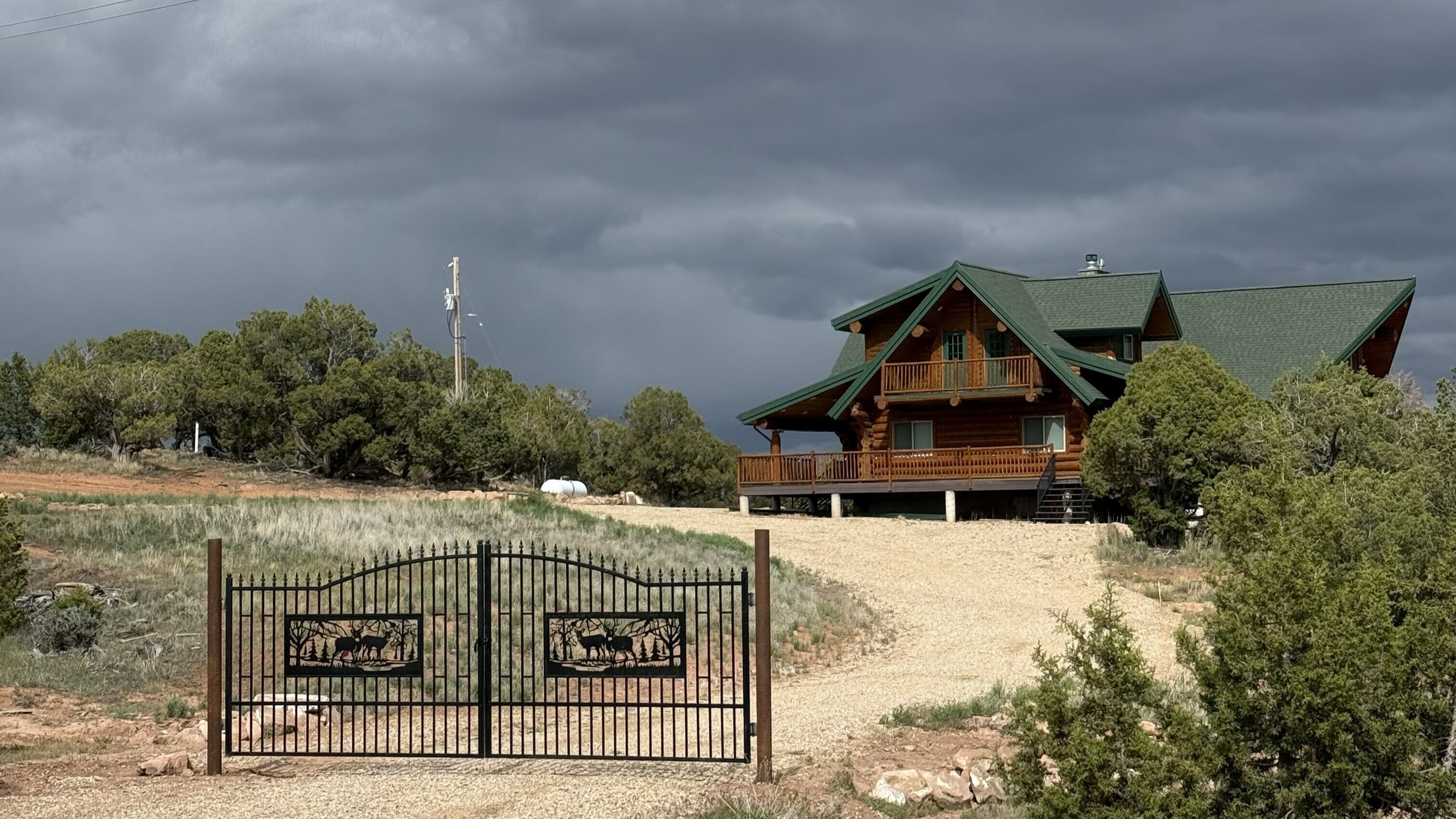 A log cabin with a green roof, a balcony, and a fenced entrance with wildlife artwork.