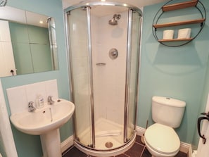 Ein Badezimmer mit einer Duschkabine, einem Waschbecken, einer Toilette und einem Spiegel.