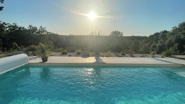 En pool med kristallklart vatten, med utsikt över ett välskött område och träd i bakgrunden.
