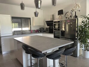 Eine moderne Küche mit einer zentralen Kochinsel, Barhocker, Edelstahlgeräten und einem Blumentopf.