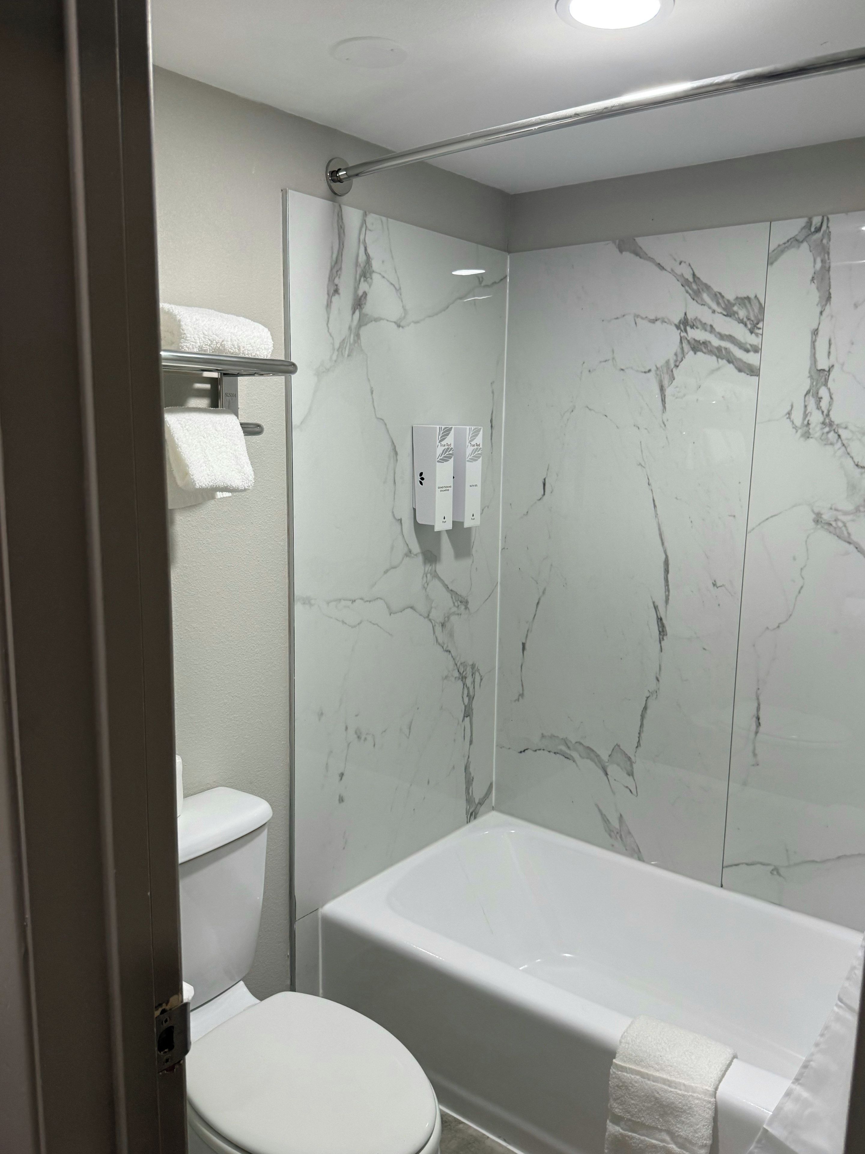A bathroom with a white toilet, a bathtub, and a glass shower enclosure.