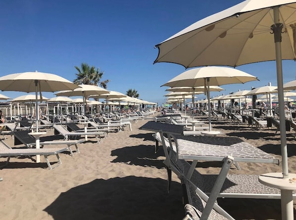 A beach with rows of sun loungers and umbrellas, a sandy beach, and palm trees in the background. - Residenz Arcobaleno, Stella Marina 6 Two-Room Apartment for 4 People (Chioggia)