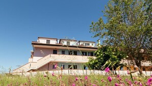 En byggnad med flera våningar och en balkong, omgiven av ett fält med rosa blommor.