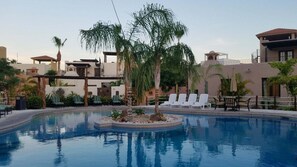 Una piscina con sillas de descanso, palmeras y un edificio de techo plano.
