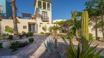 Un edificio de estilo mediterráneo con una torre, un patio con cactus y un cielo azul despejado.