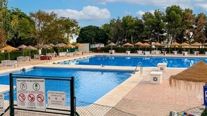 A swimming pool with lounge chairs and umbrellas, surrounded by trees. - Studio with Pool in Hércules - Gamonal (Benalmádena)