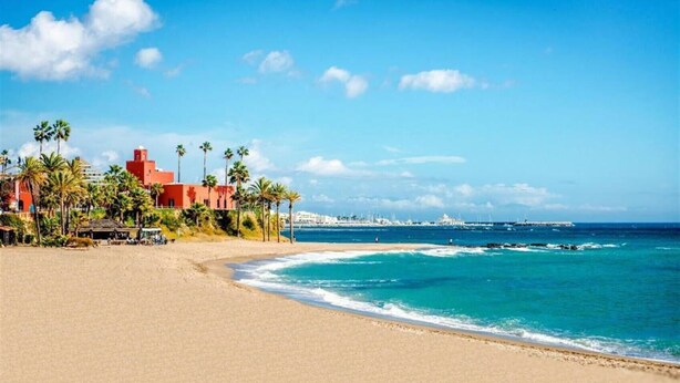 A beach with a building, palm trees, and the ocean. - Studio with Pool in Hércules - Gamonal (Benalmádena)