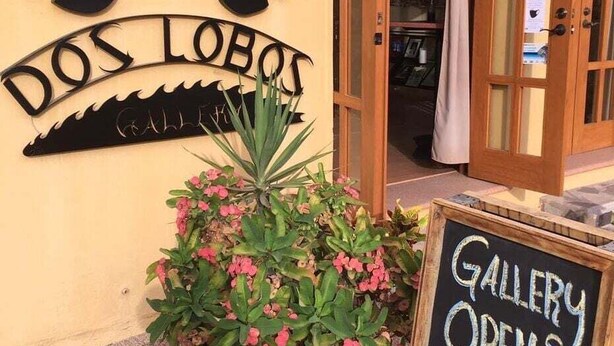 Ein Gebäudeeingang mit einem Schild, auf dem 'DOS LOBOS' steht, und einer Kreidetafel, die 'GALERIE GEÖFFNET MO-FR 15-21 Uhr' anzeigt.