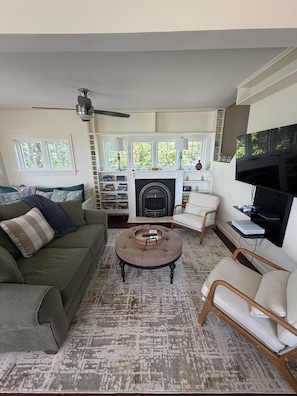 TV, fireplace, books