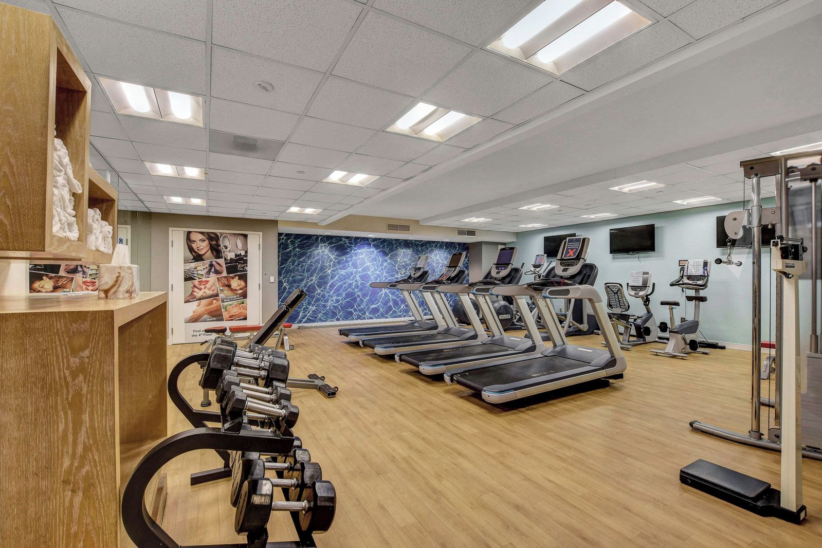 A gym with treadmills, elliptical machines, and weightlifting equipment.