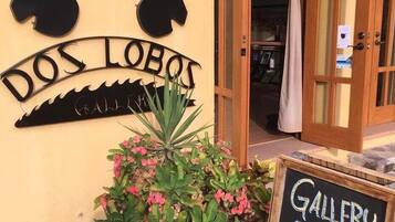 Entrada de un edificio con un letrero que dice 'DOS LOBOS' y una pizarra anunciando 'GALERÍA ABIERTA LUN-VIERN 3-21:00.'