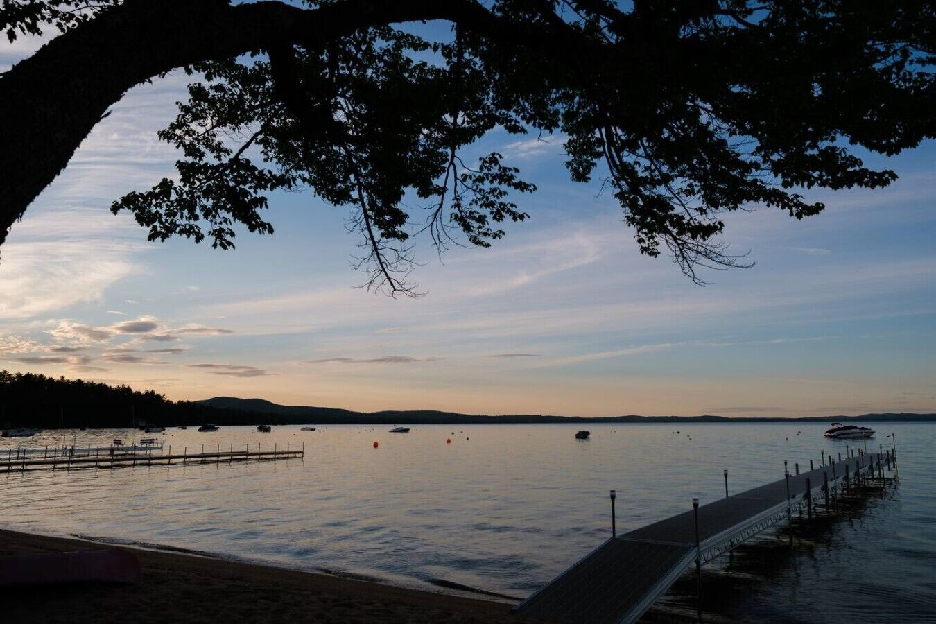 Ein ruhiger See mit Booten, einem Steg und einem Baum im Vordergrund.