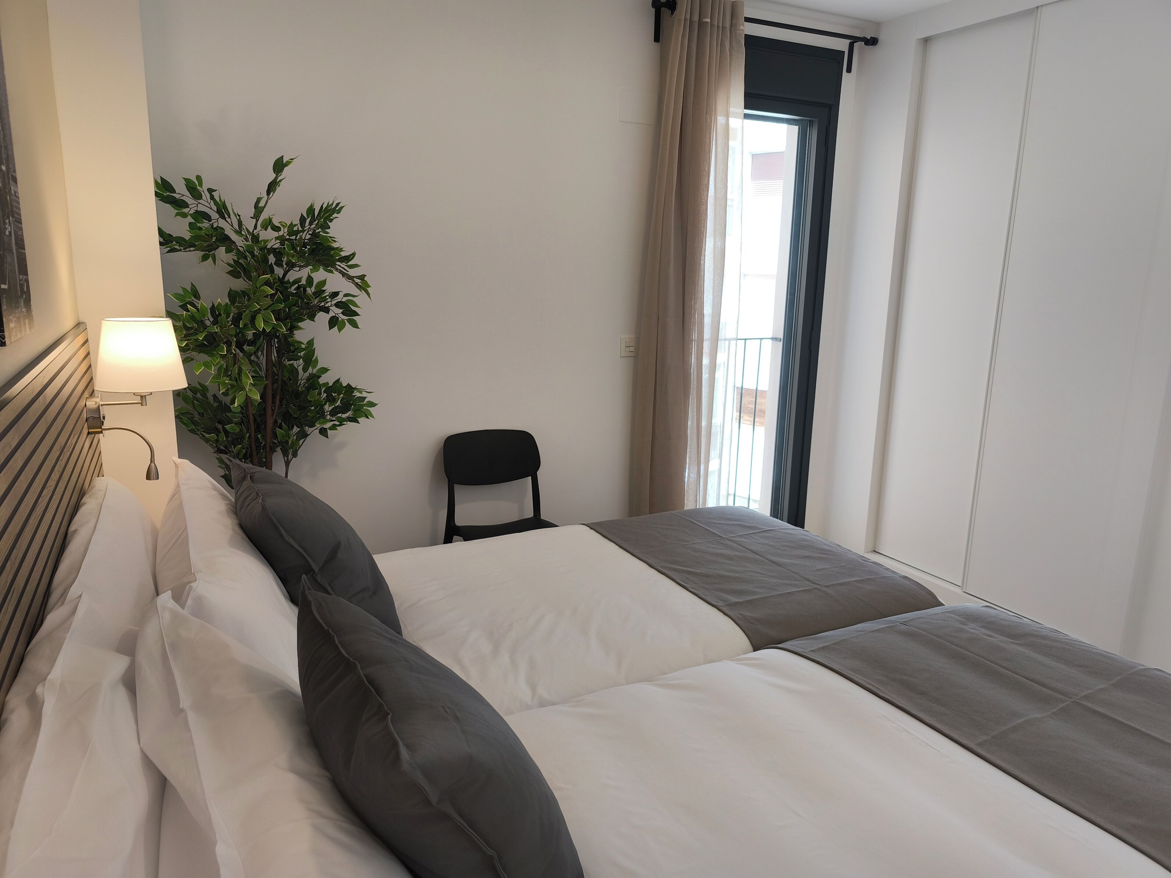Habitación de hotel con cama, una silla, una planta en maceta, una lámpara y una ventana con cortinas.
