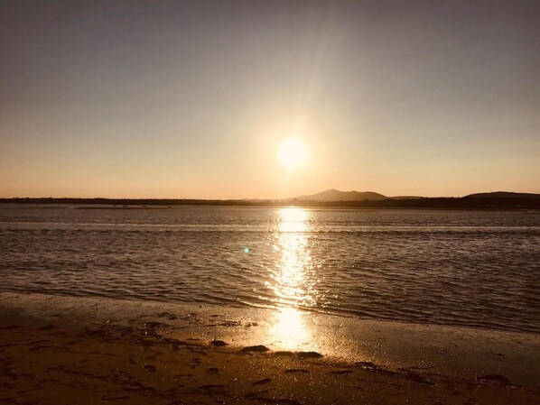 Una playa con el sol reflejándose en el agua.