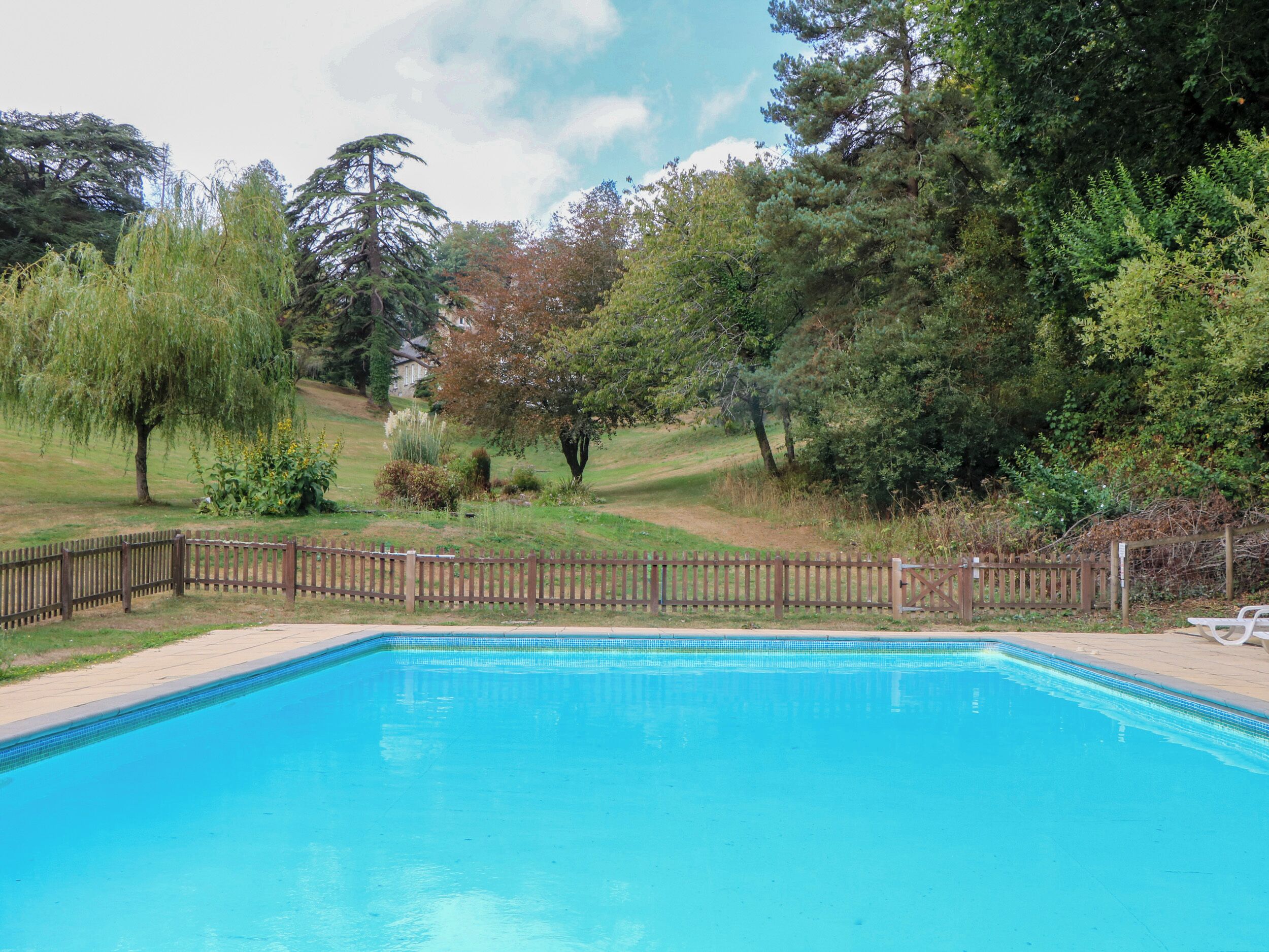 A swimming pool surrounded by a wooden fence, with trees and a grassy area in the background.
