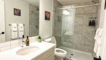 Shower, hair dryer, towels, soap