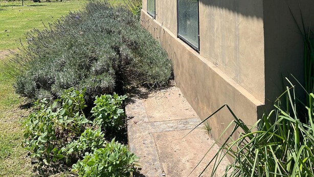 A house with a view of mountains, a patio with plants, and a clear sky.