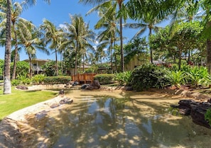 A tropical resort with a pond, palm trees, and a wooden bridge.